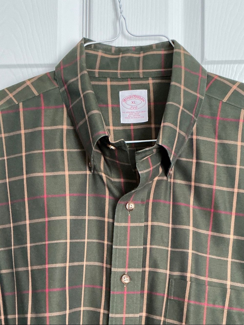 Brooks Brothers Olive Green Plaid Button-Down Shirt with Tan and Red Windowpane